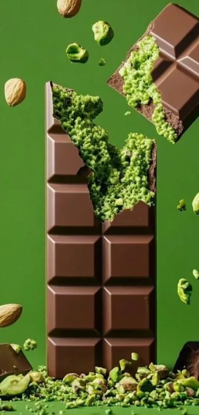 Chocolate bar with matcha and almonds on green background.