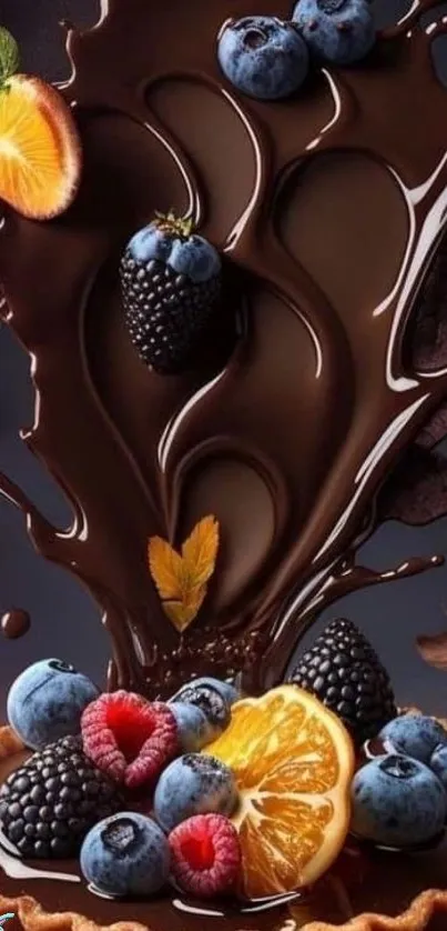 Dynamic splash of chocolate with assorted berries in stunning colors.