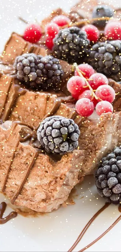 Chocolate waffles with berries on a white plate.