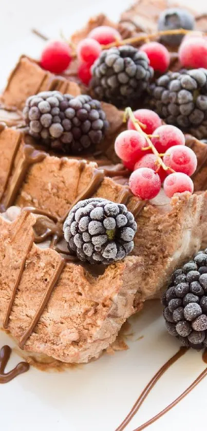 Decadent chocolate dessert with fresh berries on a white plate.