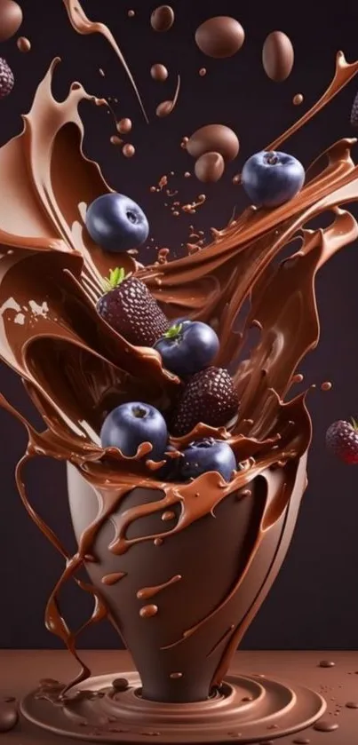 Dynamic chocolate splash with vibrant berries in stunning mobile wallpaper.