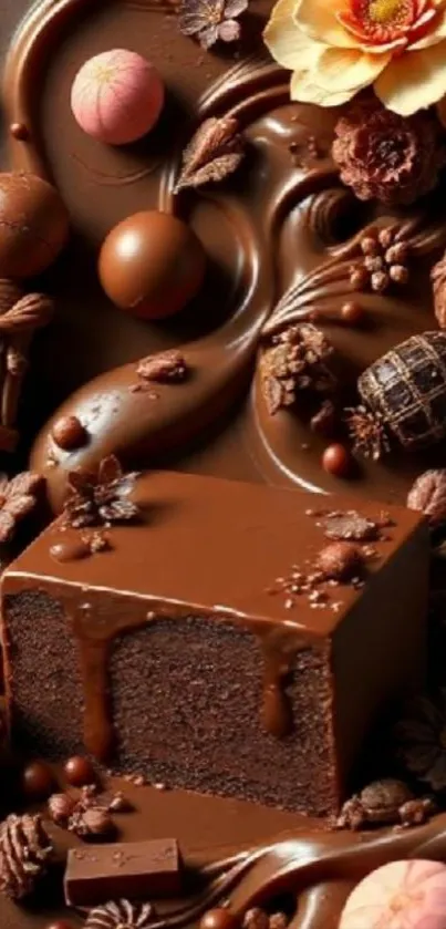 Chocolate-themed mobile wallpaper with cake and pralines.