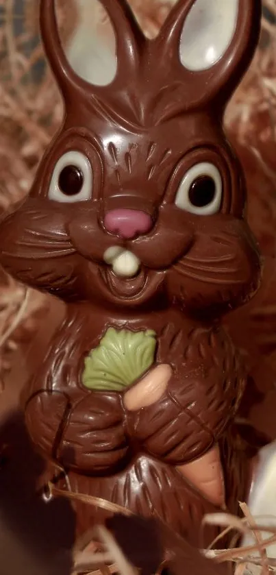 Adorable chocolate bunny holding a carrot surrounded by straw.