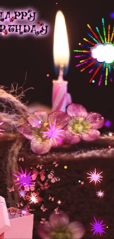 Chocolate cake with pink candle and flowers on birthday wallpaper.