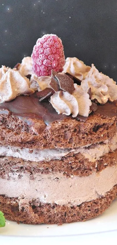 Chocolate cake with frosting and raspberries on a plate.