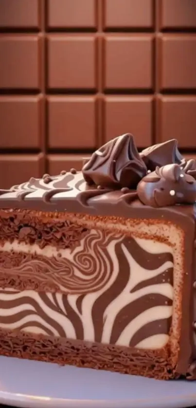 Chocolate cake slice with artistic swirls and chocolate background.