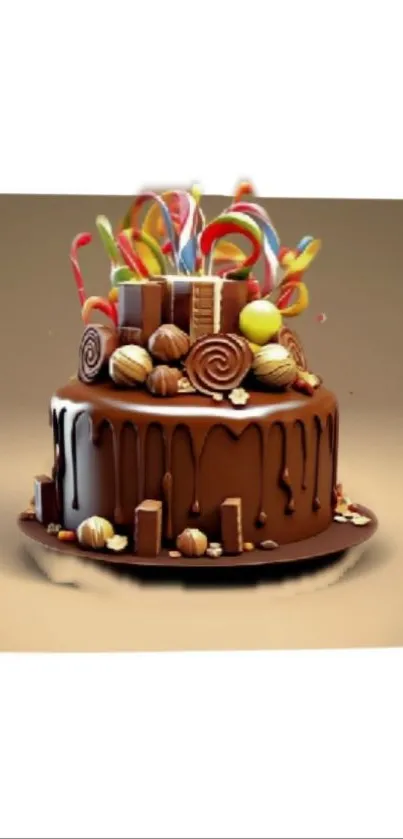 Chocolate cake with colorful candies on top of a drip design.