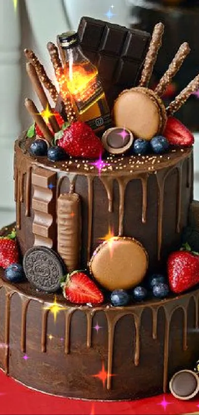 Decadent chocolate cake topped with fresh fruit and sweets.