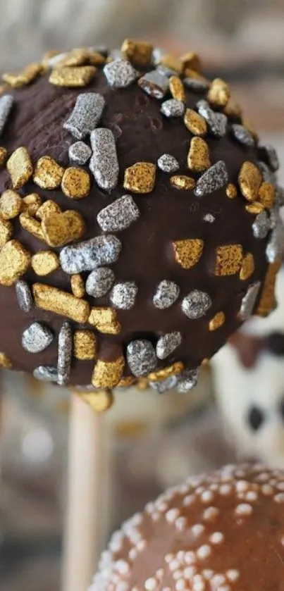 Chocolate cake pop with gold and silver sprinkles.