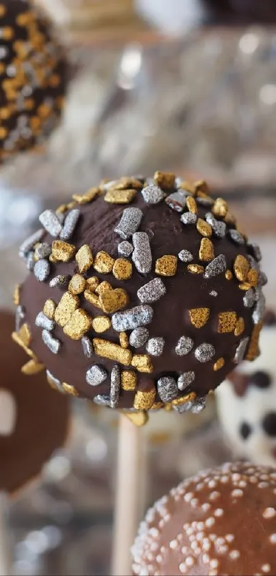 Assorted chocolate cake pops with sprinkles.
