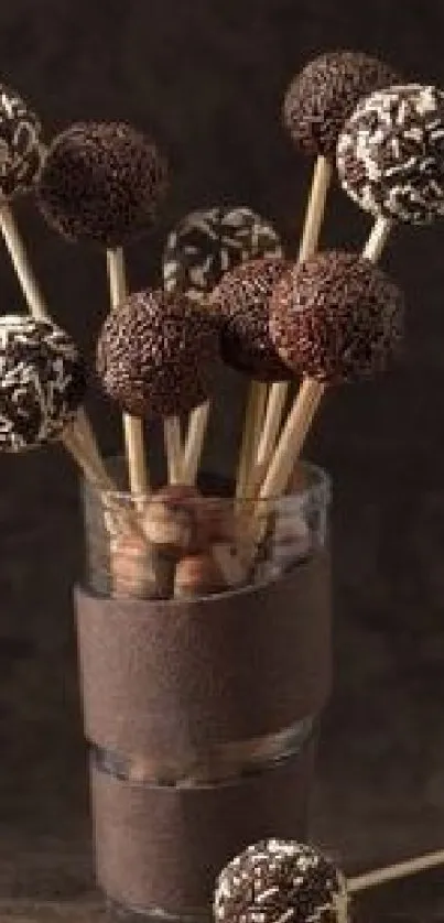 Chocolate cake pops displayed in a glass against a dark background.