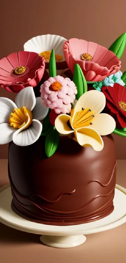 Chocolate cake with vibrant floral decorations on a pedestal.