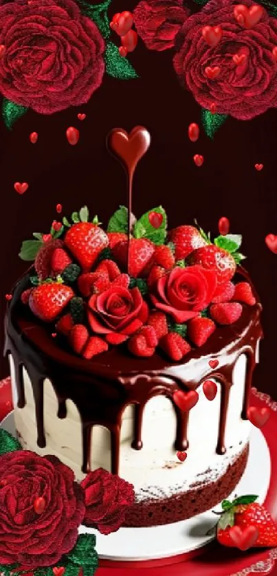 A luxurious chocolate cake with red roses and strawberries.