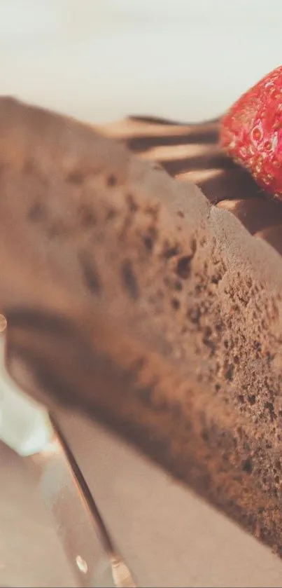 Close-up of chocolate cake slice with strawberry on top.