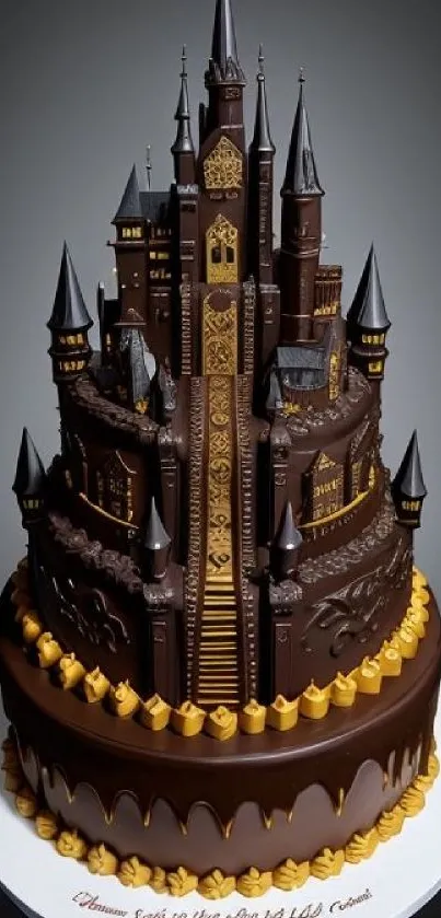 Chocolate castle cake with intricate design.