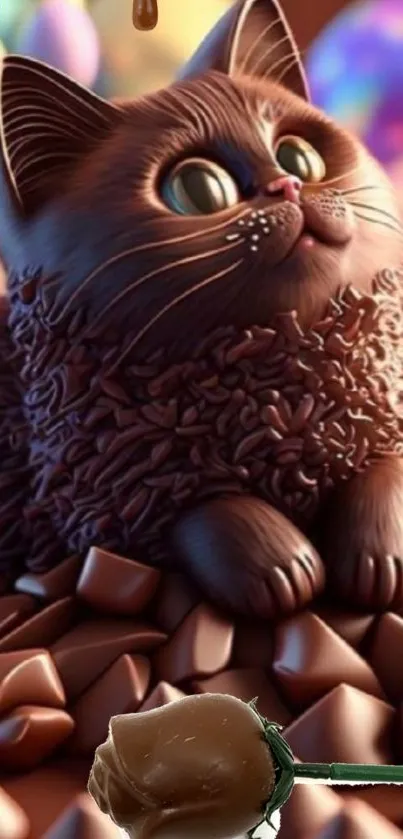 Chocolate cat amid colorful candies in a fantasy setting.