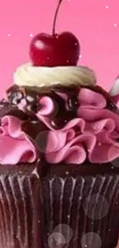 Delicious chocolate cupcake with cherry topping and pink frosting.