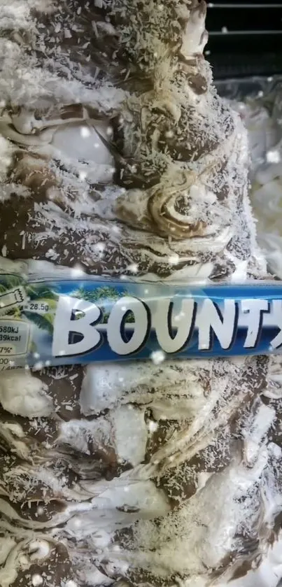 Chocolate and coconut with Bounty bar on swirl backdrop.