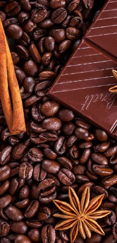 Rich brown wallpaper with coffee beans, chocolate, and spices.