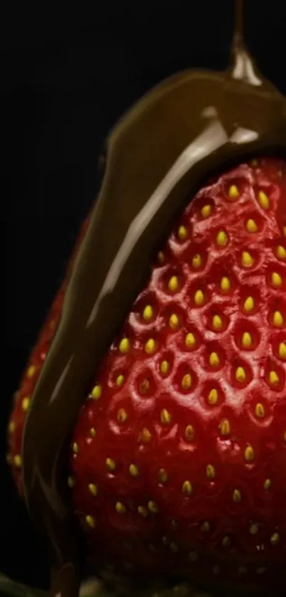 Close-up of a strawberry with chocolate drizzle.