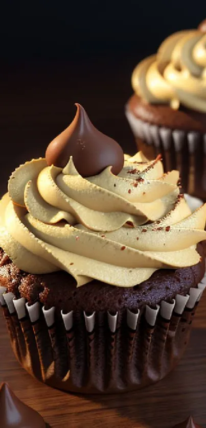 Chocolate cupcakes with creamy swirls topping, rich dessert aesthetic wallpaper.