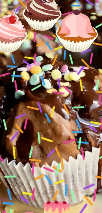 Colorful cupcake wallpaper with chocolate and sprinkles.