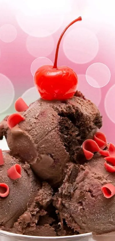 Chocolate ice cream with cherry on top mobile wallpaper.