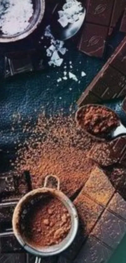 Dark chocolate bars and cocoa powder on a mobile wallpaper.
