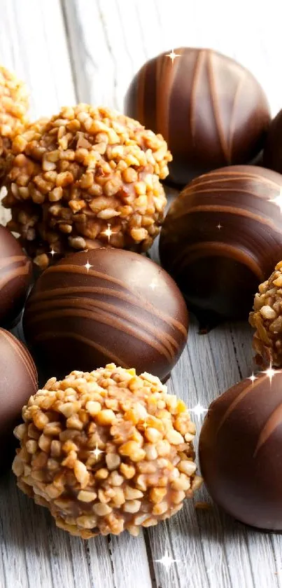 Assorted chocolate truffles on wooden surface.