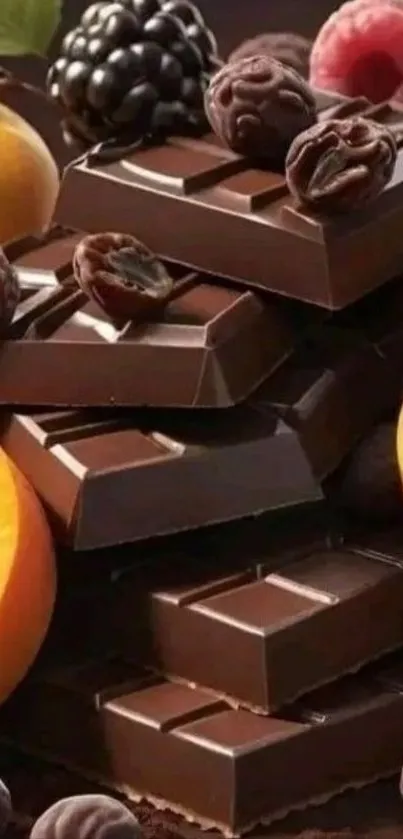 Chocolate bars with fresh fruits on a vibrant background.