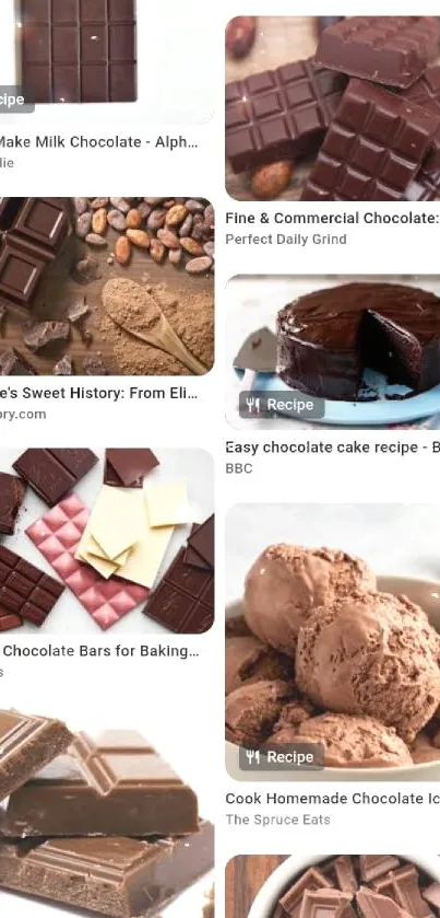 Assorted chocolate bars and treats displayed on a mobile screen.