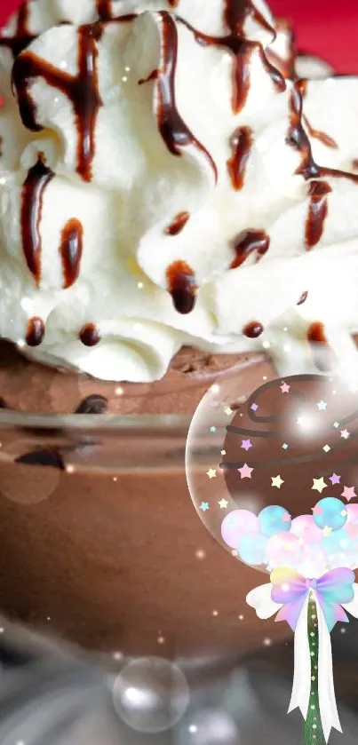 Chocolate dessert with whipped cream and starry design.