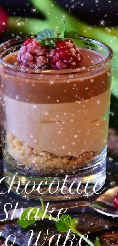 Chocolate dessert in glass with raspberries and sparkles.