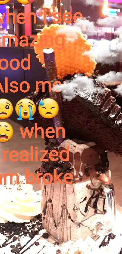 Chocolate dessert with cake slice and whipped cream on a phone wallpaper.