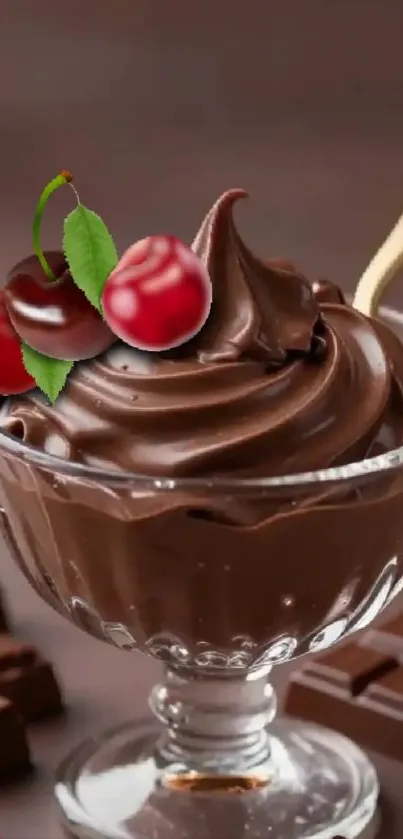 A glass bowl of dark chocolate dessert topped with cherries.