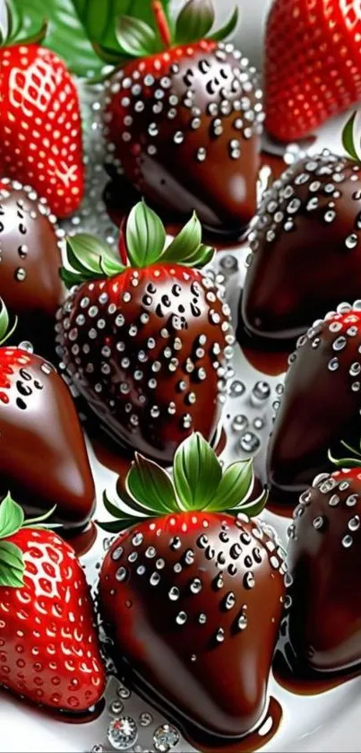 Artistic chocolate covered strawberries with droplets.