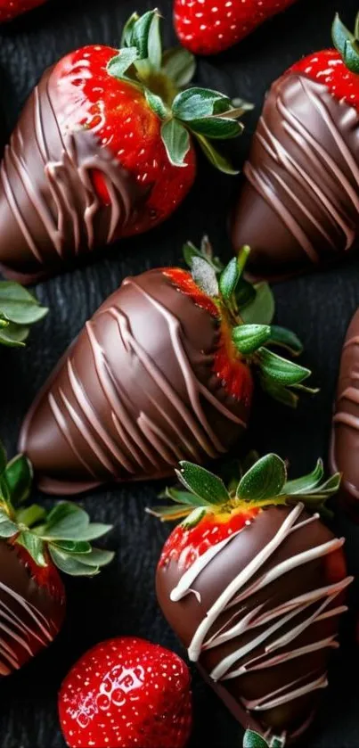 Chocolate dipped strawberries on display.