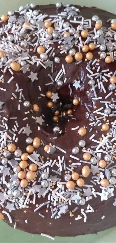 Chocolate donut with sprinkles on a green plate.