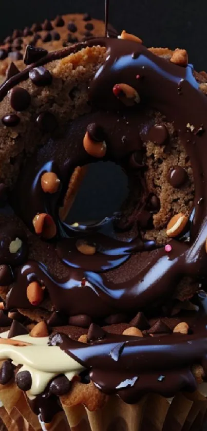 Close-up of delicious chocolate donut with drizzles and sprinkles on a mobile wallpaper.