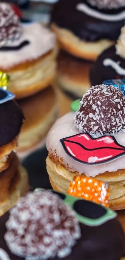 Artistic chocolate donuts with colorful toppings.