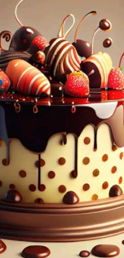 Chocolate drip cake with strawberries, perfect for dessert lovers.