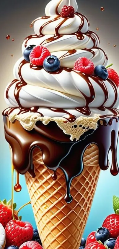 Ice cream cone with chocolate drizzle and berries topping.