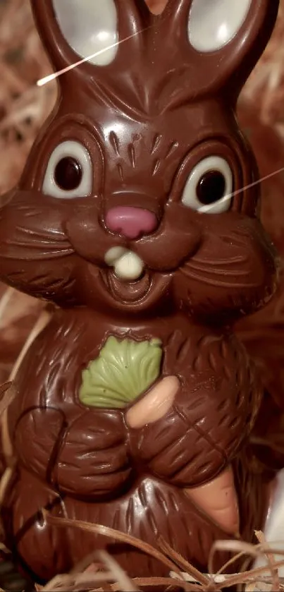 Chocolate Easter bunny with carrot on straw background.