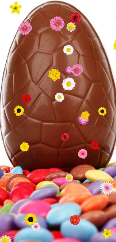 Mobile wallpaper of a chocolate egg with colorful candies.