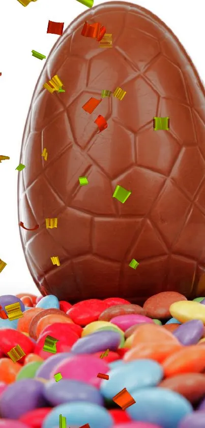 Chocolate egg with colorful candies wallpaper.