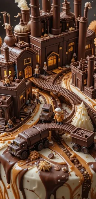 A chocolate factory-themed cake with intricate design and miniature structures.