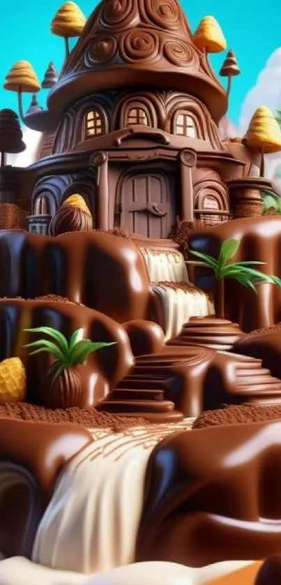 Whimsical chocolate castle in vibrant landscape