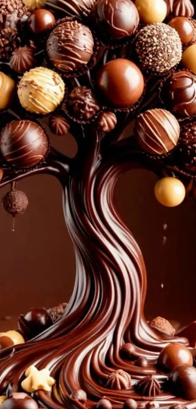 Chocolate tree laden with assorted gourmet candies.