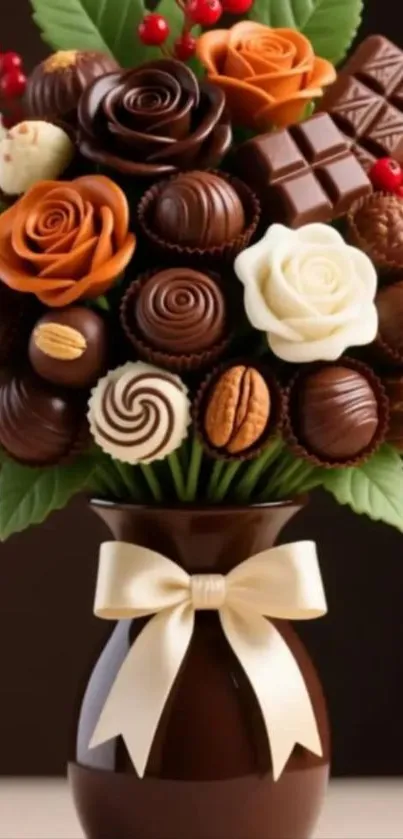 Chocolate bouquet with floral designs and a bow in elegant style.