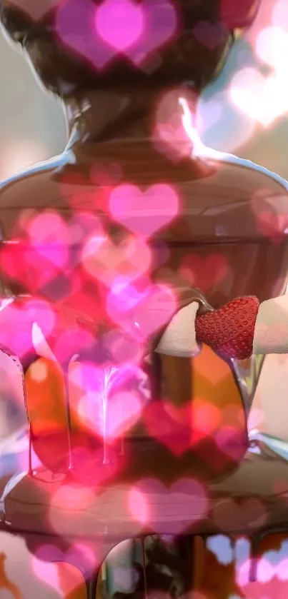 Chocolate fountain with heart bokeh and strawberries.